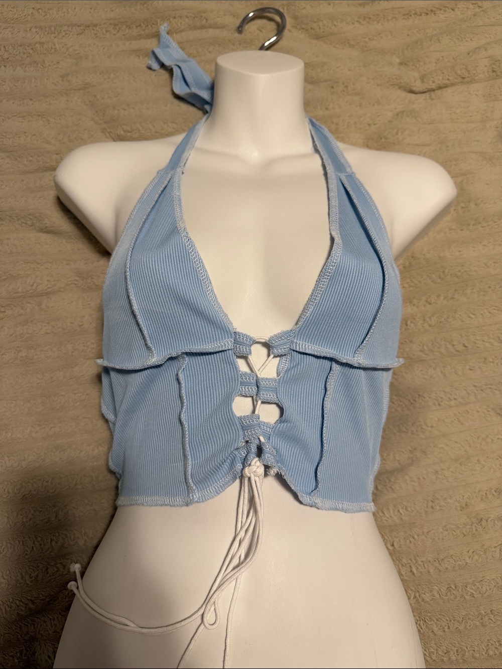 SHEIN Light Blue Ribbed Halter Lace-Up Crop Top